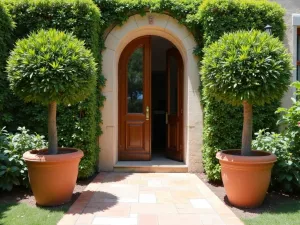 Bay Tree Entrance - Normal view of perfectly clipped bay trees in terracotta pots flanking a garden entrance, with Mediterranean style tiles below