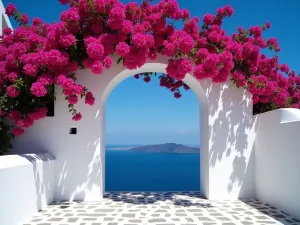 Bougainvillea Arch - Stunning white-washed archway covered in vibrant magenta bougainvillea flowers, set against a deep blue Mediterranean sky