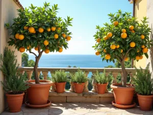 Citrus Grove - Normal view of potted lemon and orange trees laden with fruit, arranged on a sunny terrace with terracotta pots and Mediterranean herbs below