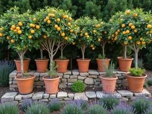 Citrus Tree Stone Border - A raised stone border filled with citrus trees in terracotta pots, surrounded by santolina and lavender, aerial perspective