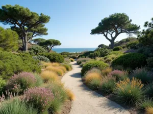 Coastal Mediterranean Border - Wide angle view of a coastal garden border with maritime pines, ornamental grasses, and drought-resistant flowering plants