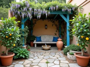 Mediterranean Corner Retreat - Wide-angle view of a small corner garden with a rustic stone bench, amphora water feature, and painted blue pergola covered in wisteria. Terracotta pots with citrus trees frame the space