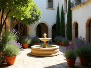 Mediterranean Courtyard Garden - Sunlit Mediterranean courtyard garden with terracotta pots, featuring a central stone fountain surrounded by lavender and cypress trees, with whitewashed walls and rustic stone paving