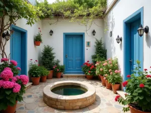 Mediterranean Courtyard Haven - Intimate courtyard with a stone water basin, surrounded by white-painted walls, blue doors, and overflowing pots of geraniums and herbs