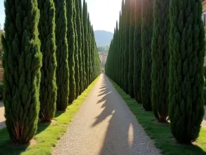 Cypress Alley - Aerial view of tall Italian cypress trees creating a dramatic linear pathway, with gravel underfoot and Mediterranean sunlight casting long shadows