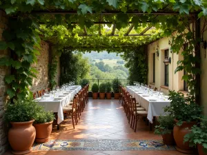 Mediterranean Dining Terrace - Intimate outdoor dining space sheltered by mature grapevines, surrounded by herb-filled terracotta pots and featuring mosaic tile details