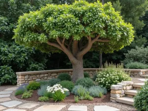 Fig Tree Stone Border - A rustic stone border featuring a mature fig tree with underplanting of Mediterranean herbs and white gaura, aerial view