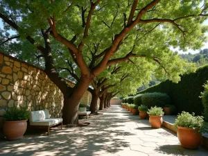 Fig Tree Terrace - Wide angle view of a mature fig tree providing dappled shade over a stone terrace, with Mediterranean pots and seating beneath