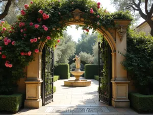 Mediterranean Garden Gates - Ornate wrought iron gates with climbing roses and jasmine, leading to a courtyard with classical statuary and olive trees