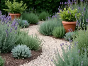 Mediterranean Gravel Garden - Close-up of a gravel garden with silver-leaved plants including artemisia, lavender, and santolina, punctuated by terracotta pots and architectural salvias