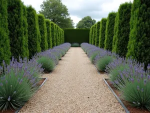 Gravel and Lavender Border - Wide angle shot of a formal gravel garden border with perfectly spaced lavender plants and rosemary hedging