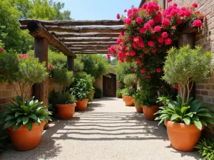 Mediterranean Gravel Patio - Wide shot of a gravel patio surrounded by terra cotta planters with oleander and bougainvillea, featuring a rustic wooden pergola