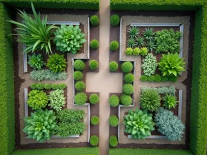 Mediterranean Herb Garden - Aerial view of a formal herb garden with geometric patterns, featuring rosemary, thyme, and sage in raised beds bordered by gravel paths and small box hedges