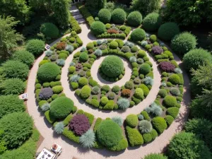 Mediterranean Herb Spiral - Aerial view of a spiral-shaped herb garden created with gravel paths and local stone, planted with Mediterranean culinary herbs