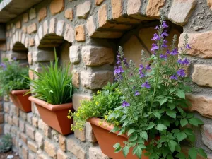 Rustic Mediterranean Herb Wall - Close-up of a rustic stone wall with built-in terracotta pockets filled with cascading herbs and Mediterranean flowers