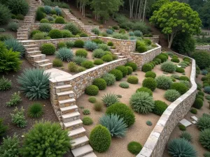 Hillside Mediterranean Border - Aerial view of a terraced hillside garden with Mediterranean plants arranged in natural-looking drifts among stone walls