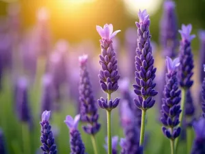 Lavender Field Border - Close-up shot of vibrant purple lavender plants in full bloom, swaying gently in a Mediterranean garden border, with warm sunlight creating a golden haze