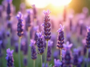 Lavender Field Close-up - Close-up shot of vibrant purple lavender flowers in full bloom, with Mediterranean sunlight filtering through the stems, photorealistic, soft focus on individual blooms