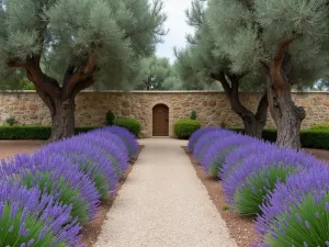 Lavender Border with Olive Trees - A neat border of blooming French lavender leading to gnarled olive trees, with a natural stone wall backdrop and gravel path, aerial view