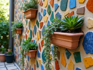 Mosaic Wall Garden - Close-up of a colorful mosaic wall with built-in planters containing trailing Mediterranean plants and succulents