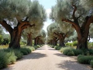 Olive Tree Grove - Wide angle view of ancient olive trees with gnarled trunks in a gravel garden, surrounded by silvery-green foliage and Mediterranean herbs