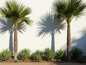 Palm Garden - Aerial view of Mediterranean fan palms creating dramatic shadows on whitewashed walls, with drought-resistant underplanting