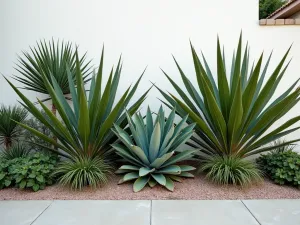 Palm and Yucca Border - A dramatic border combining Mediterranean fan palms with yucca plants, set against a white stucco wall, wide angle view