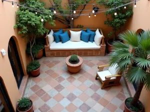 Mediterranean Patio Oasis - Overhead view of an intimate patio with traditional Mediterranean tile work, potted palms, and a small built-in seating area with blue and white cushions. String lights criss-cross overhead