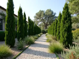 Pencil Pine Grove - Normal view of pencil pines creating vertical interest in a gravel garden, with low-growing Mediterranean plants at their base