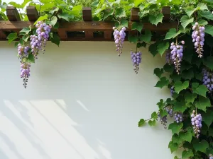 Pergola Wall with Vines - Close-up of a white rendered wall with wooden pergola supporting grapevines and wisteria, creating dappled shade