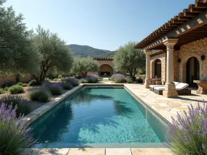 Mediterranean Pool Garden - Wide-angle view of a natural-style swimming pool surrounded by olive trees, lavender, and ornamental grasses, with a stone patio and pergola