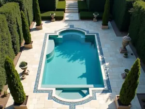 Mediterranean Pool Surround - Aerial view of a swimming pool area with classical urns, cypress trees, and white stone pathways, featuring blue mosaic tile details