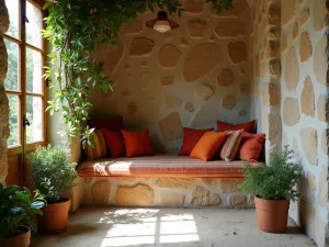 Mediterranean Reading Nook - Intimate corner view of a small reading area with rustic stone walls, built-in bench with colorful cushions, surrounded by potted herbs and small citrus trees