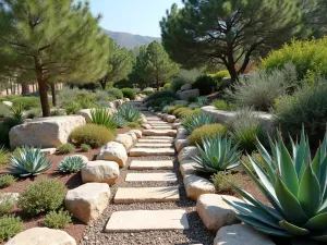 Natural Rock Garden Border - Wide angle view of a natural rock garden border with drought-resistant succulents, agave, and Mediterranean herbs scattered among limestone rocks