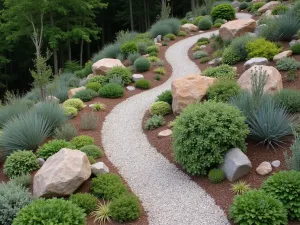 Mediterranean Rock Garden - Aerial shot of a rocky slope garden with Mediterranean plants including euphorbias, sedums, and artemisia, interspersed with natural boulders and gravel mulch