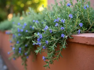 Rosemary Cascade - Close-up of trailing rosemary cascading over a terracotta wall, with small blue flowers and aromatic foliage catching the afternoon light