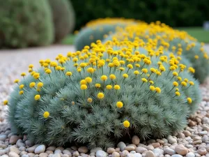 Santolina Border - Close-up of silvery santolina forming a neat, low hedge with yellow button flowers, set against crushed shell pathways