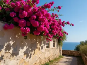 Ancient Stone Wall with Cascading Bougainvillea - A weathered limestone wall with vibrant pink bougainvillea cascading down, against a clear blue Mediterranean sky, warm sunlight casting gentle shadows