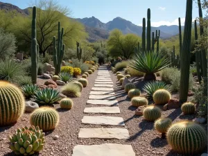 Succulent Collection - Wide angle view of a diverse collection of Mediterranean succulents and cacti arranged in a rocky garden with gravel mulch