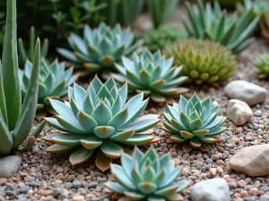 Mediterranean Succulent Garden - Close-up of a dramatic succulent garden featuring aeoniums, echeverias, and aloes in a rocky landscape with crushed shell mulch