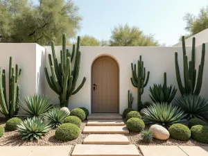 Mediterranean Succulent Wall - Modern interpretation of a Mediterranean wall garden with geometric arrangements of drought-tolerant succulents and cacti