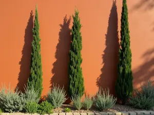 Terracotta Wall with Cypress Trees - Close-up of a sun-baked terracotta wall with tall Italian cypress trees casting dramatic shadows, Mediterranean herbs growing at the base