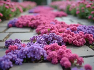 Thyme Tapestry - Close-up of various creeping thymes creating a colorful patchwork between paving stones, with pink and purple flowers