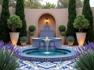 Mediterranean Water Garden - Wide shot of a small water feature with traditional blue and white tiles, surrounded by potted cypress trees and lavender. Moroccan lanterns provide ambient lighting