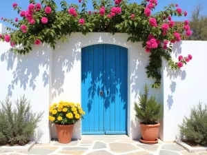 White-washed Garden Wall with Blue Gate - A bright white-washed wall with a traditional blue wooden gate, climbing jasmine and potted geraniums, creating a Greek island atmosphere