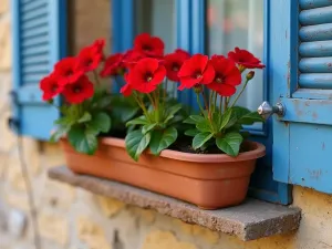 Pelargonium Window Box - Close-up of bright red pelargoniums in rustic terracotta window boxes, against a weathered blue shuttered window, traditional Mediterranean style