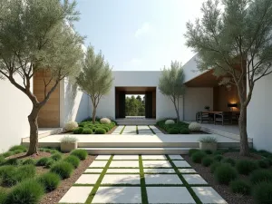 Minimalist Mediterranean Entry Garden - Wide angle view of a modern garden entrance with clean-lined steps, white rendered walls, and dramatic pot-planted olive trees. Geometric pattern of low-growing herbs between pavers