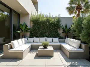 Minimalist Mediterranean Seating Area - Wide angle view of a contemporary outdoor living space with built-in concrete seating, white cushions, and dramatic pot-planted palms. Feature wall with vertical garden of trailing rosemary