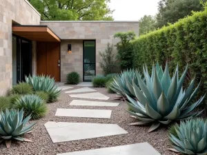 Minimalist Mediterranean Succulent Garden - Geometric arrangement of large-scale succulents and agaves in a gravel garden with angular concrete paths. Feature wall in textured limestone