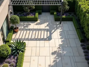 Minimalist Mediterranean Terrace Garden - Aerial view of a contemporary terrace garden with geometric paving in pale limestone, featuring sculptural agave plants and lavender borders. Modern metal pergola casting linear shadows across the space